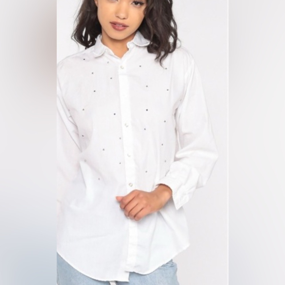 Future Collective White Rhinestone Button Down Shirt XS | Embellished Blouse
